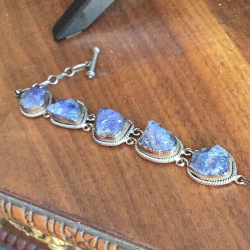 Rough cut genuine Tanzanite and sterling silver bracelet